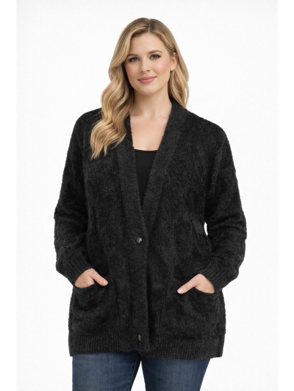 Womens Nine West Open Cardigan Sweater Fuzzy Black Long Dolman Sleeves L 12/14